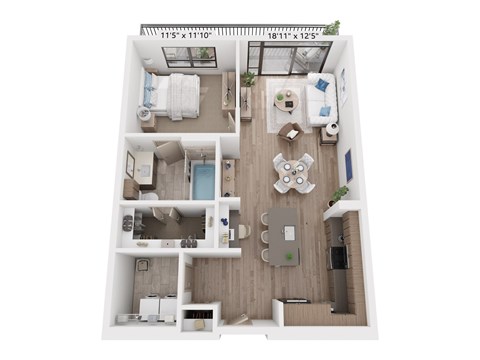 Floor plan for 1 bed, 1 bath, 855 sqft